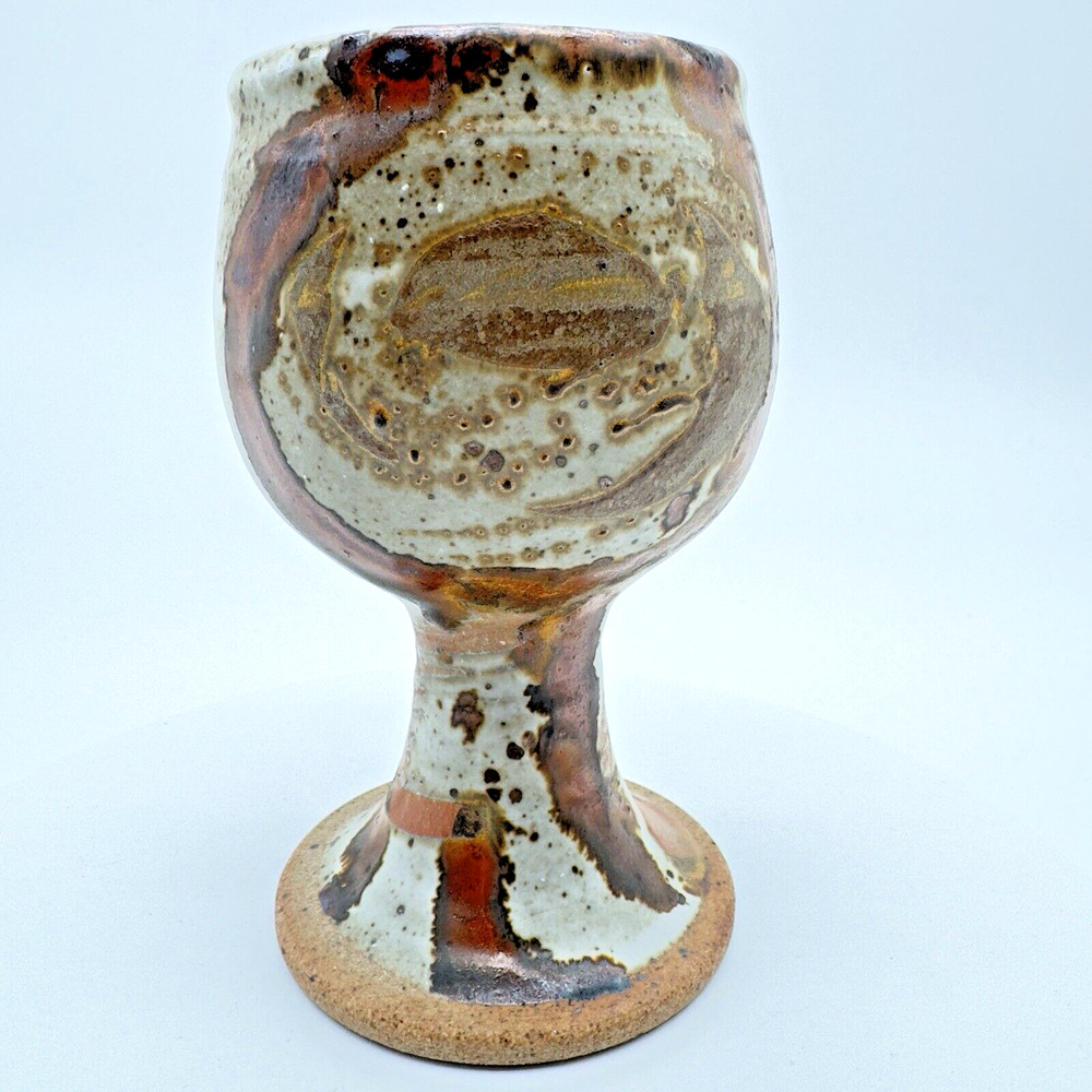 Studio Art Pottery Goblet Chalice Cup Textured Glazed Brown Gray Stoneware Wine
